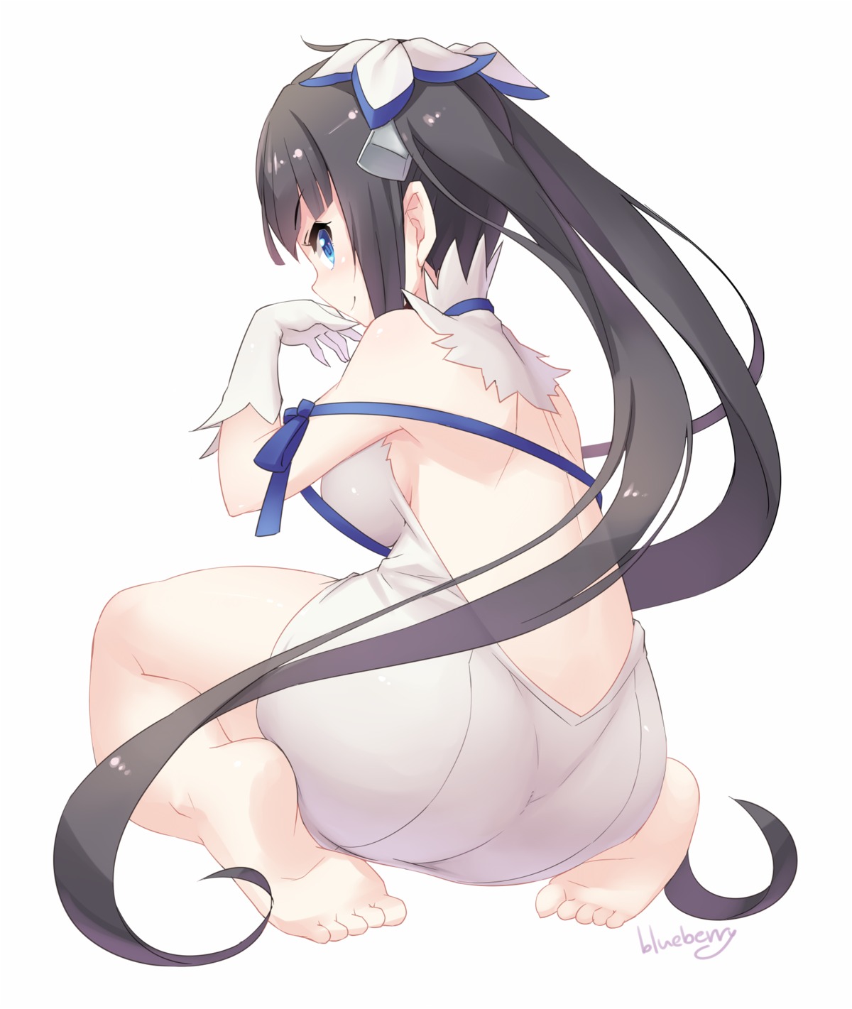 ass blueberry_(5959) dress dungeon_ni_deai_wo_motomeru_no_wa_machigatteiru_darou_ka feet hestia_(dungeon) no_bra