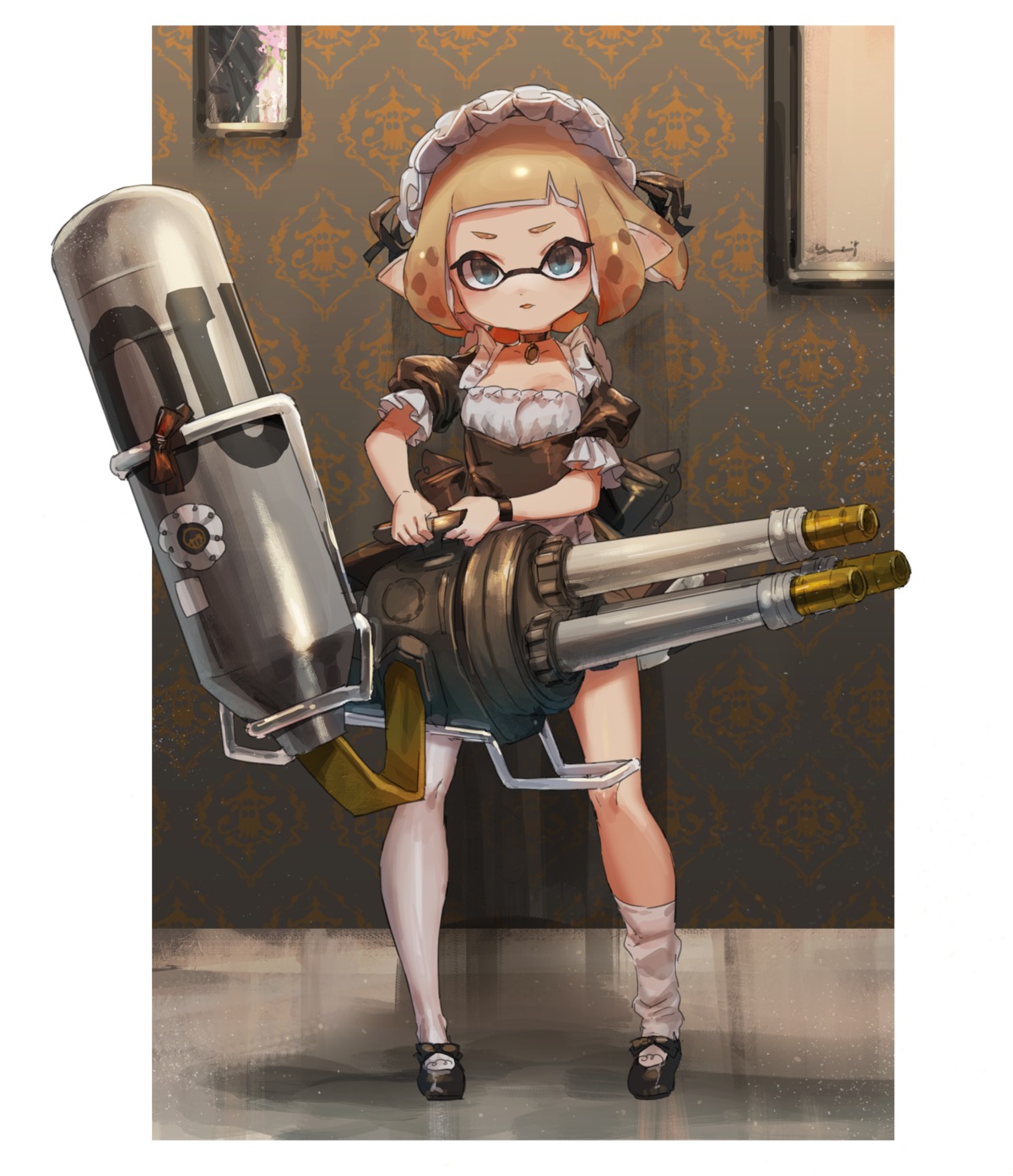 gun inkling_(splatoon) maid pointy_ears splatoon thighhighs yu-ri