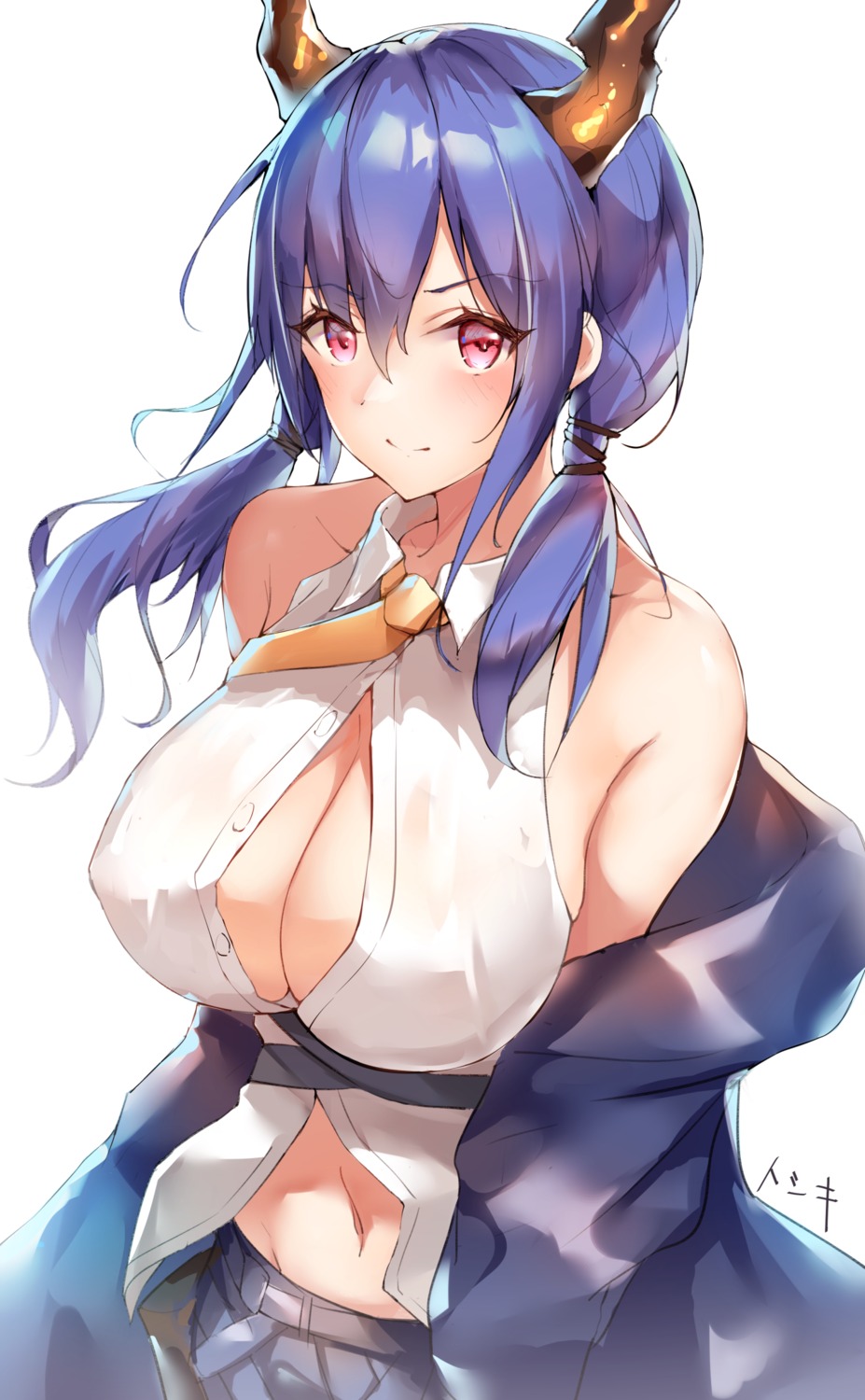 arknights ch'en_(arknights) erect_nipples horns no_bra open_shirt ruwoka see_through