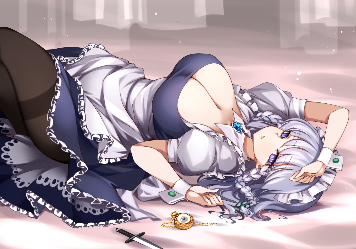 izayoi_sakuya maid no_bra pantyhose raptor7 skirt_lift touhou