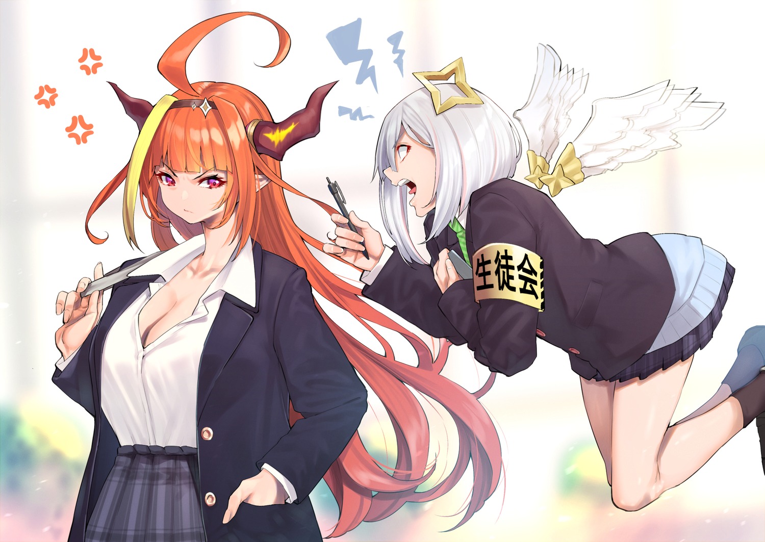 amane_kanata angel hololive horns kiryuu_coco mikan_(chipstar182) pointy_ears seifuku sweater wings