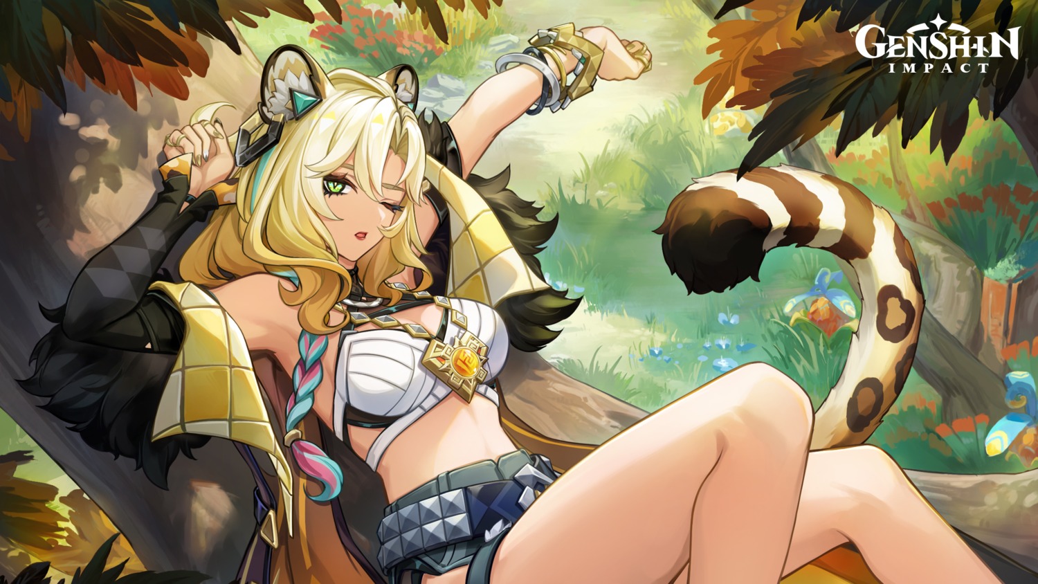 animal_ears bikini_armor genshin_impact open_shirt tagme tail wallpaper xilonen