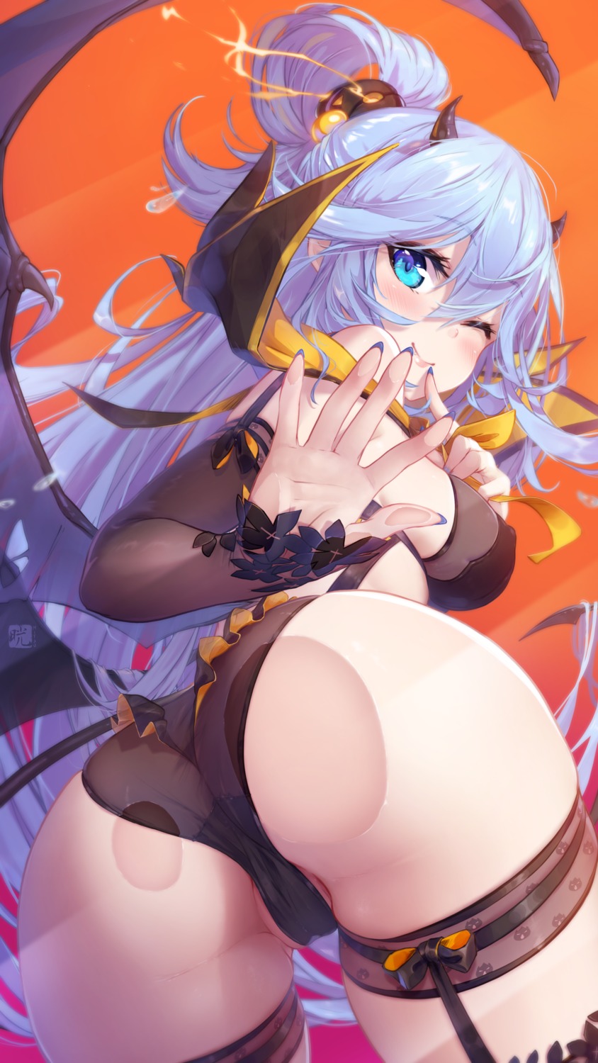 aqua_(konosuba) ass devil garter horns kono_subarashii_sekai_ni_shukufuku_wo! lingerie mitsu_(mitsu_art) pantsu see_through tail thong wings