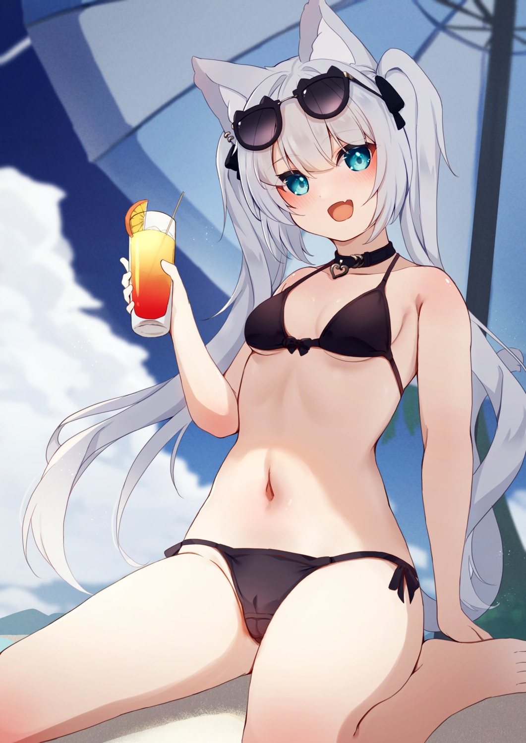 animal_ears bikini cameltoe hinata_(pixiv53862745) megane nekomimi swimsuits tail thong