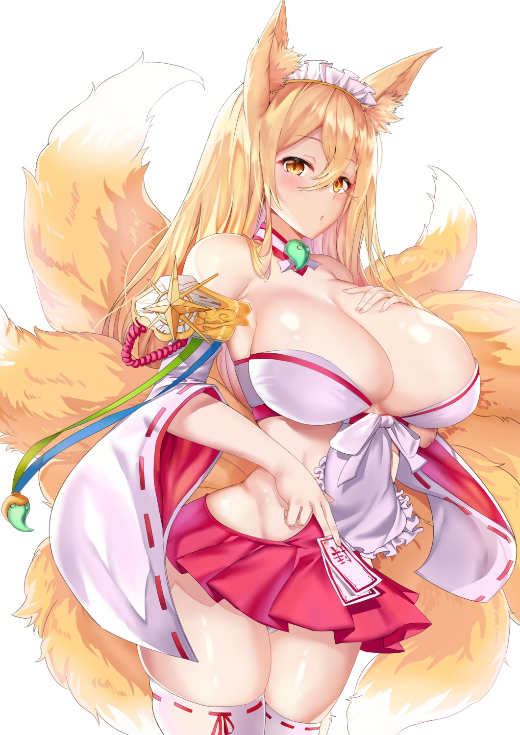 animal_ears deogho_(liujinzy9854) heavenly_hirume japanese_clothes kitsune last_origin no_bra pantsu tail thighhighs