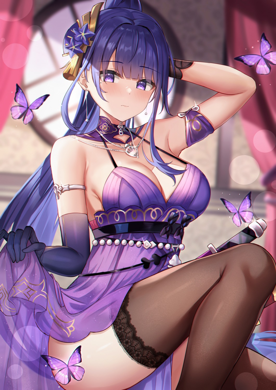 cleavage eric_(tianqijiang) genshin_impact lingerie raiden_shogun see_through skirt_lift sword thighhighs