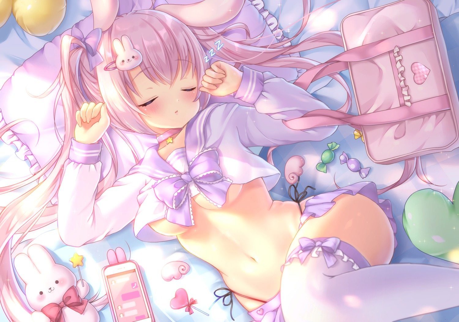 animal_ears bunny_ears no_bra pantsu seifuku string_panties thighhighs underboob yuyuko_(yuyucocco)