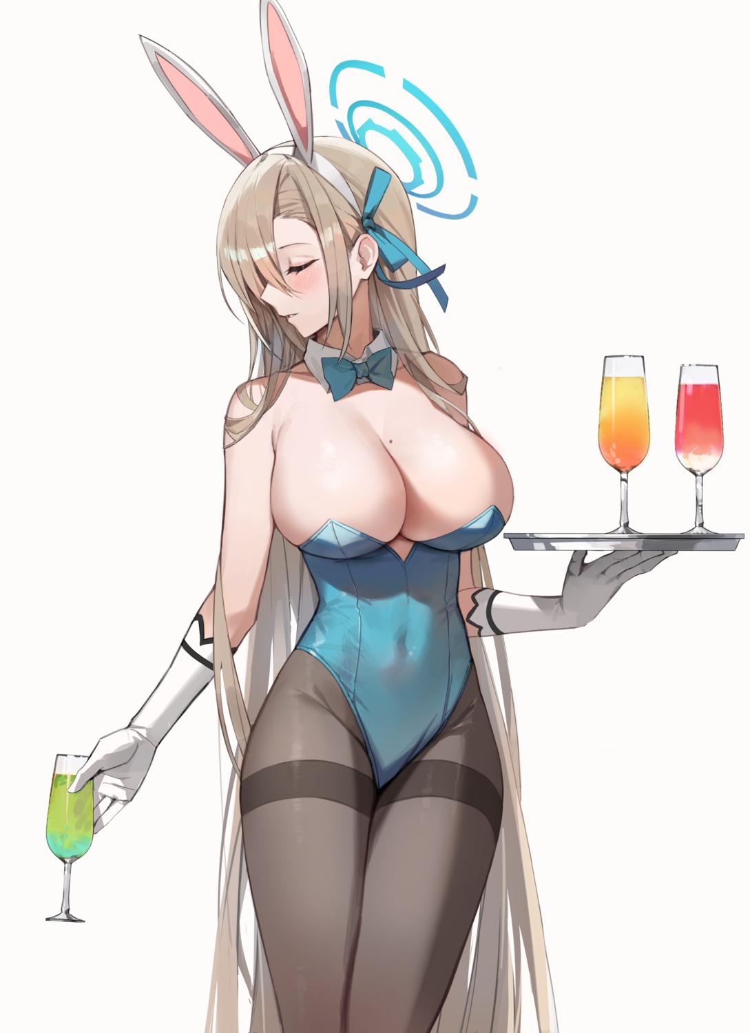 animal_ears blue_archive bunny_ears bunny_girl halo ichinose_asuna maenoo no_bra pantyhose waitress