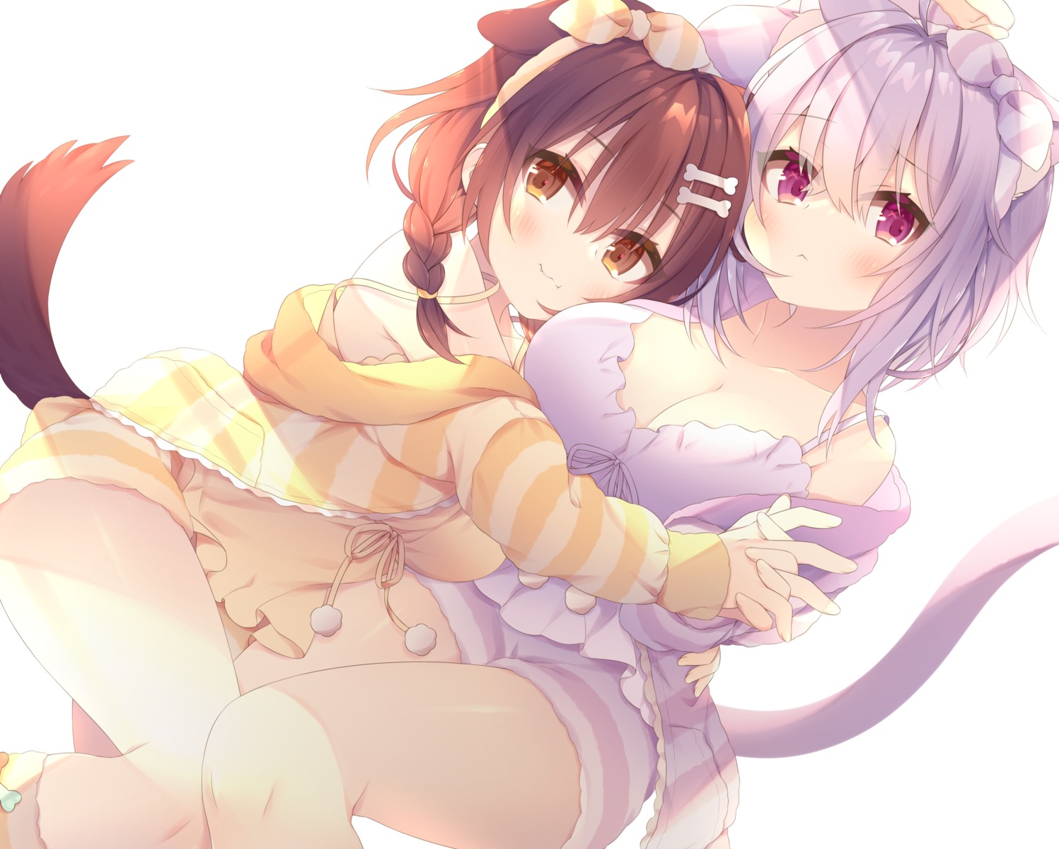 animal_ears anju cleavage hololive hololive_gamers inugami_korone inumimi nekomata_okayu nekomimi pajama tail