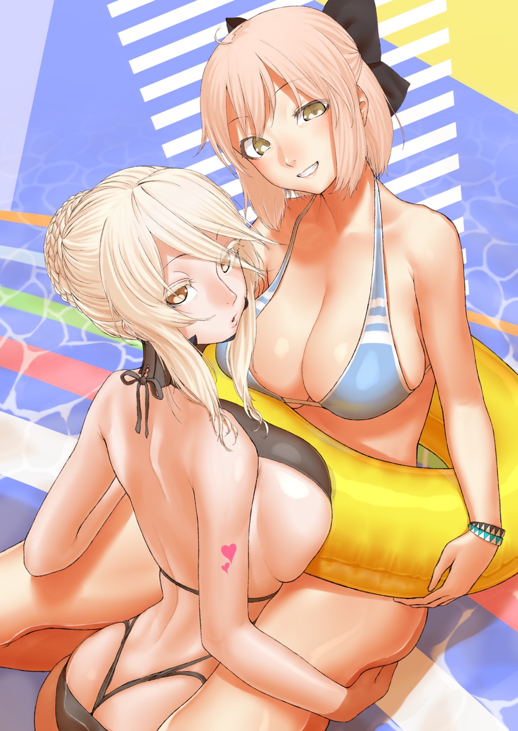 artoria_pendragon_alter_(fate/grand_order) ass bikini cleavage fate/grand_order gishu okita_souji_(fate) swimsuits tattoo thong wet yuri