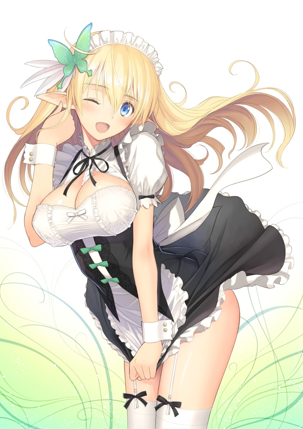 cleavage maid pointy_ears skirt_lift stockings thighhighs tony_taka