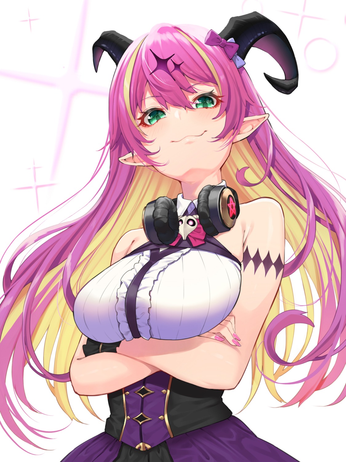 breast_hold headphones hololive horns mano_aloe nekomanma_(chipstar182) pointy_ears