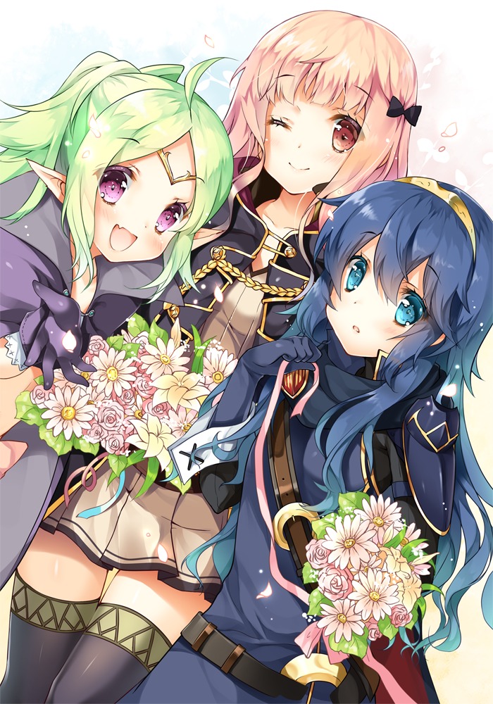 armor bodysuit dress fire_emblem fire_emblem_kakusei lucina_(fire_emblem) miwabe_sakura my_unit nono_(fire_emblem) pointy_ears thighhighs