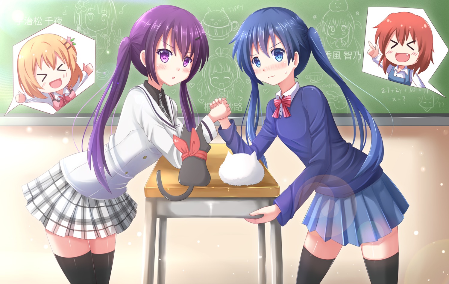 crossover gochuumon_wa_usagi_desu_ka? hoto_cocoa inokuma_youko kafuu_chino kazenokaze kin'iro_mosaic kirima_sharo komichi_aya neko nichijou sakamoto seifuku tedeza_rize thighhighs tippy_(gochuumon_wa_usagi_desu_ka?) ujimatsu_chiya