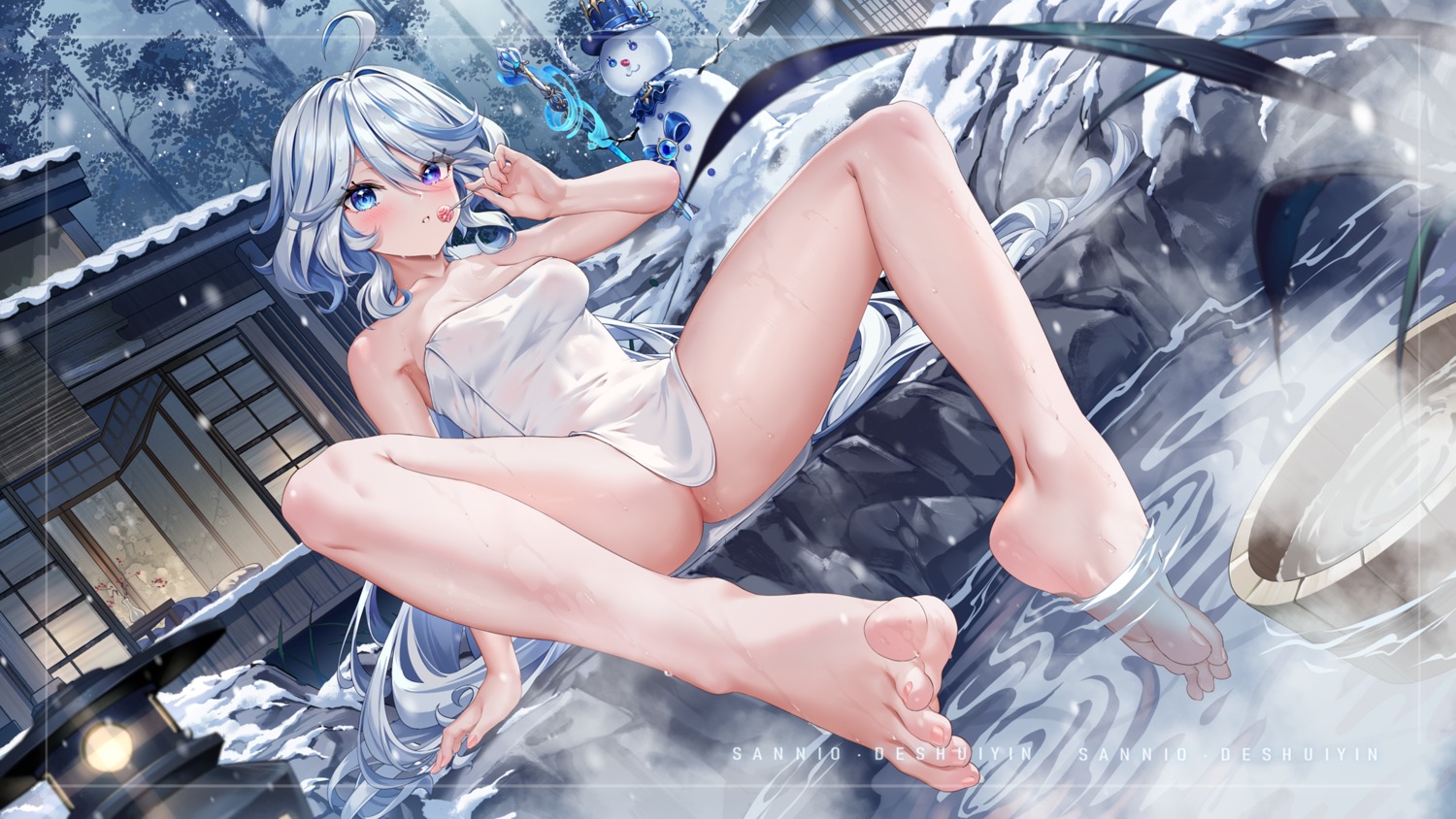 feet furina genshin_impact heterochromia onsen sannio towel wet