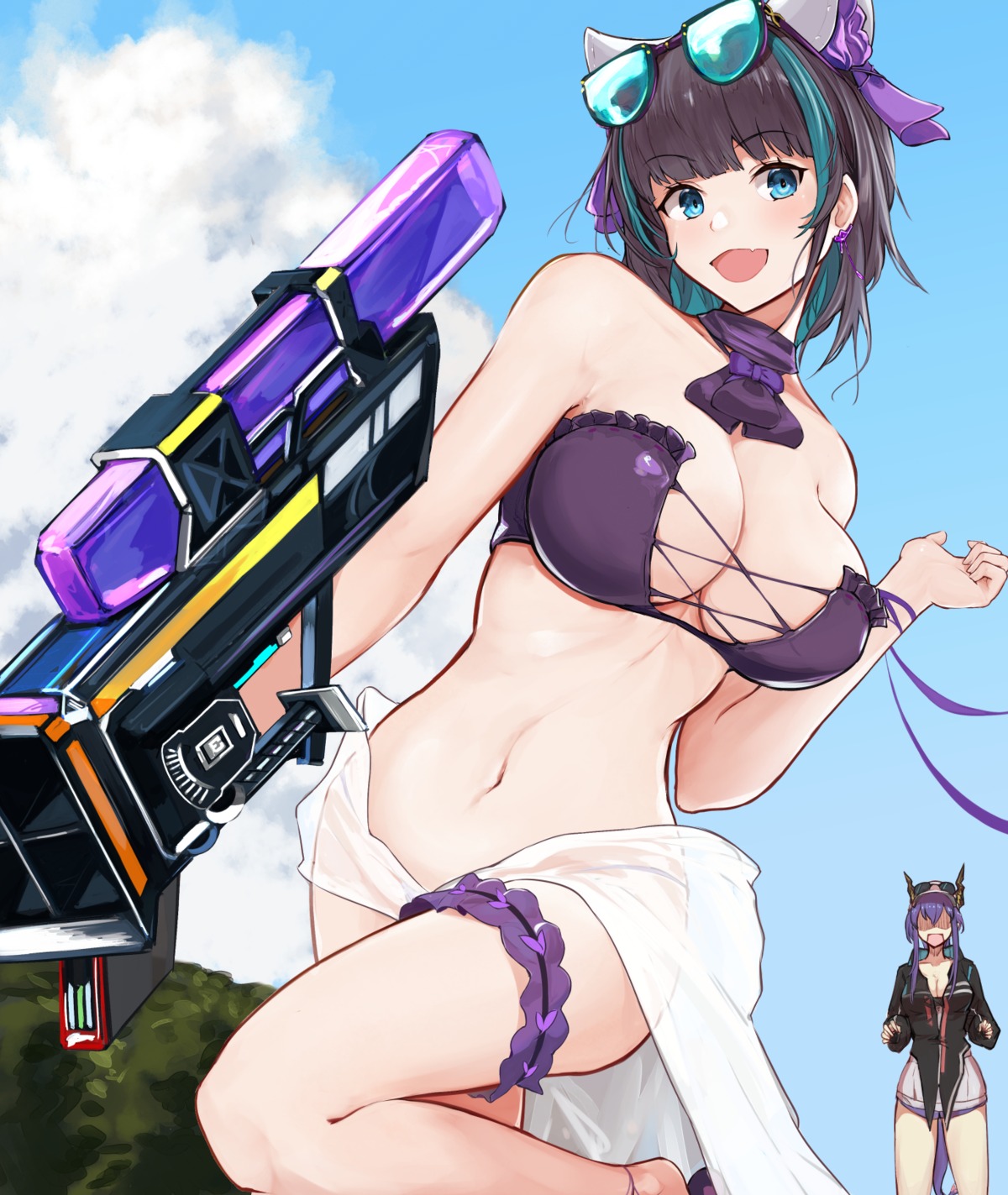 arknights azur_lane bikini ch'en_(arknights) cheshire_(azur_lane) crossover garter gun horns marshall_k megane see_through swimsuits