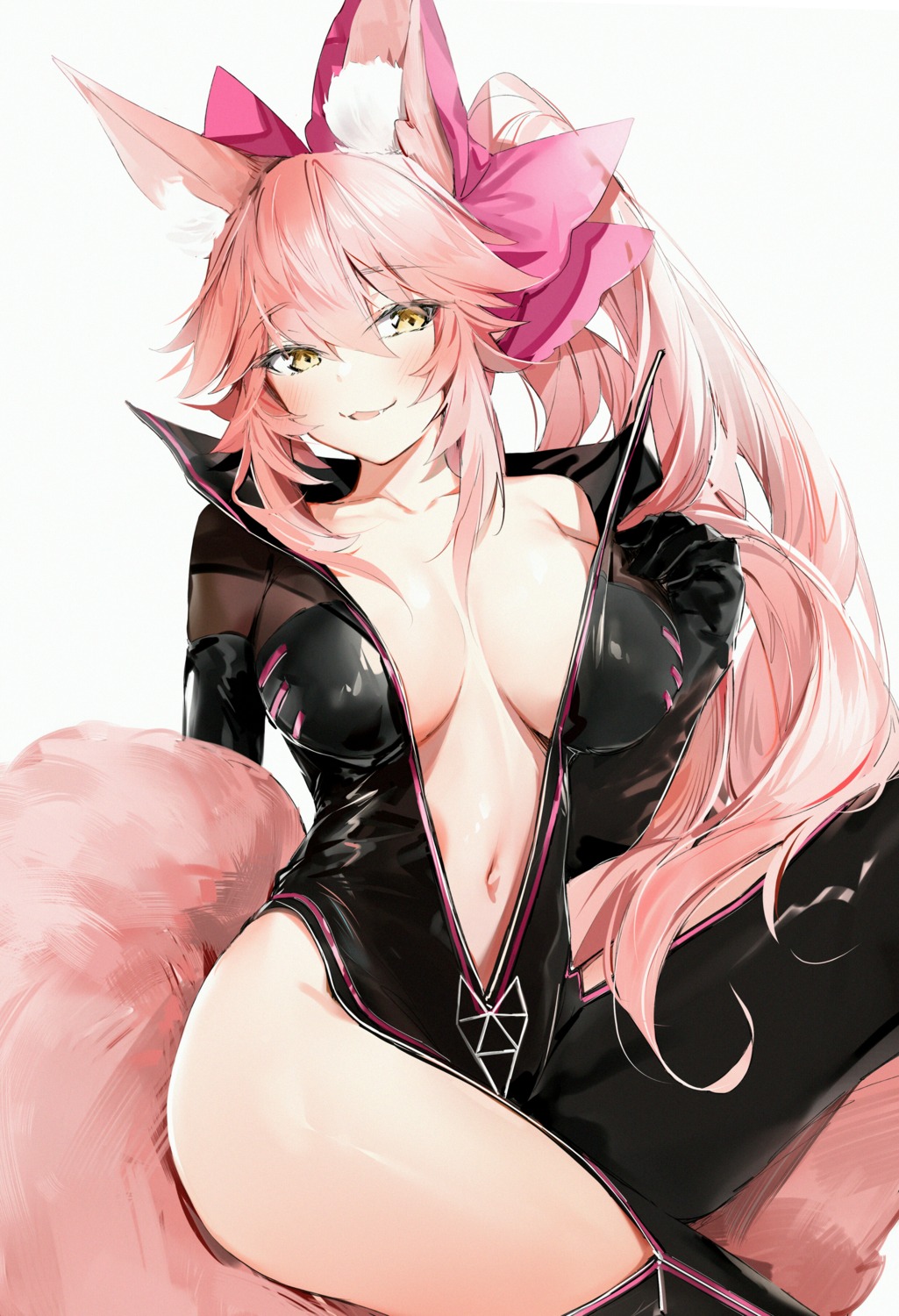 animal_ears bodysuit fate/grand_order kitsune no_bra open_shirt silver_(chenwen) tail tamamo_vitch_koyanskaya