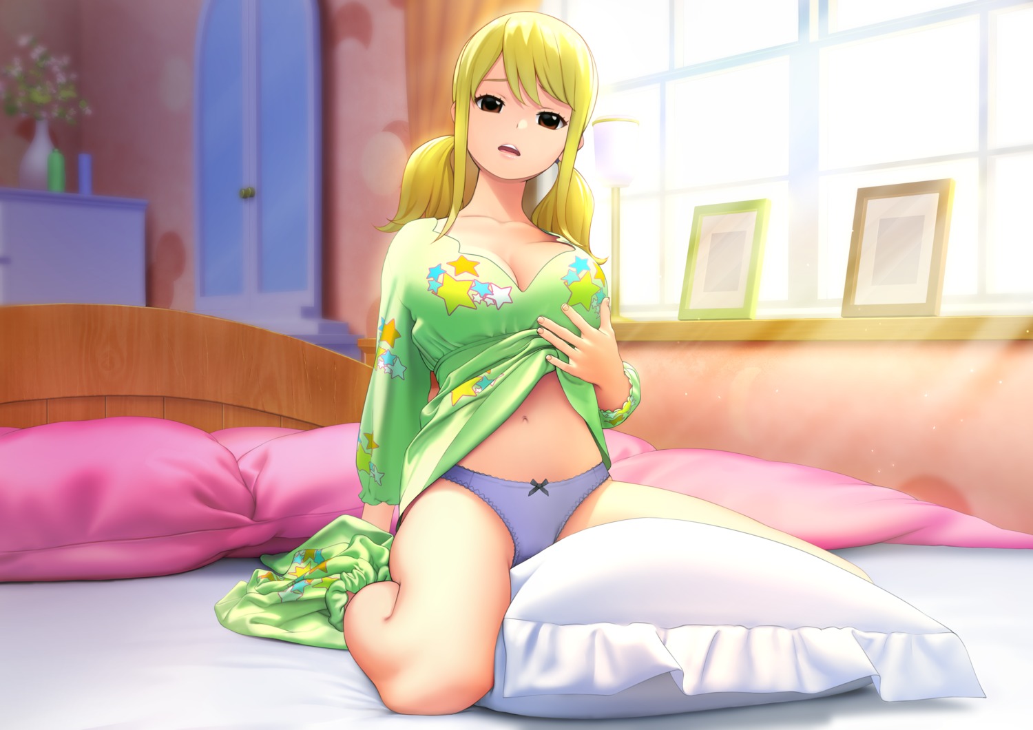 cleavage fairy_tail legendarysoulii lucy_heartfilia no_bra pantsu shirt_lift