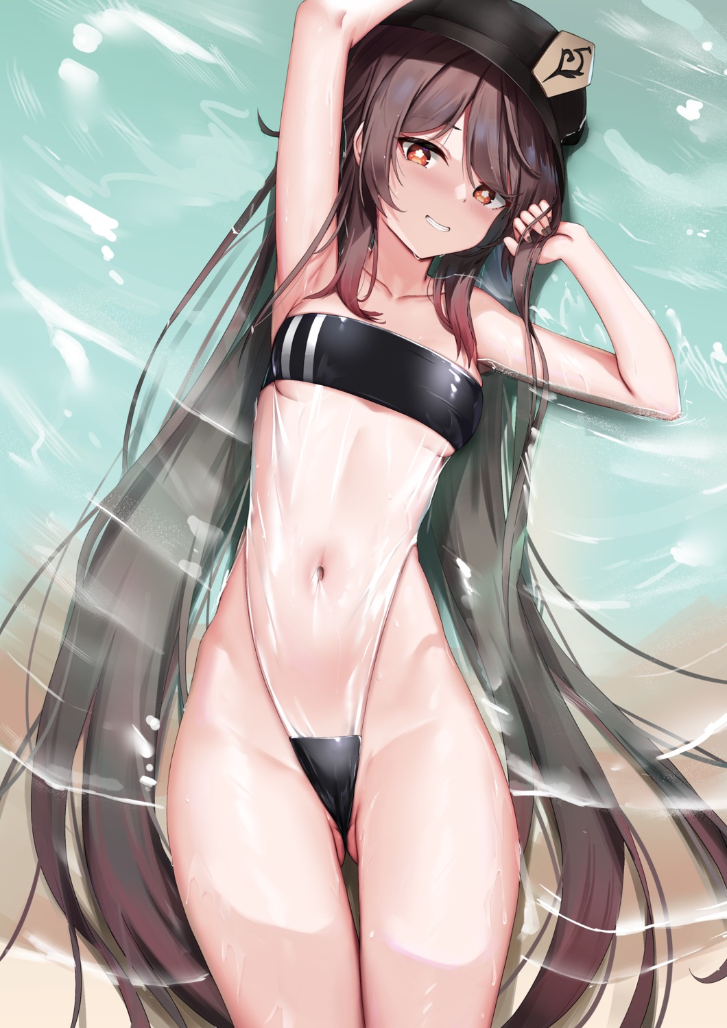 cameltoe genshin_impact hu_tao see_through skai_kun swimsuits wet