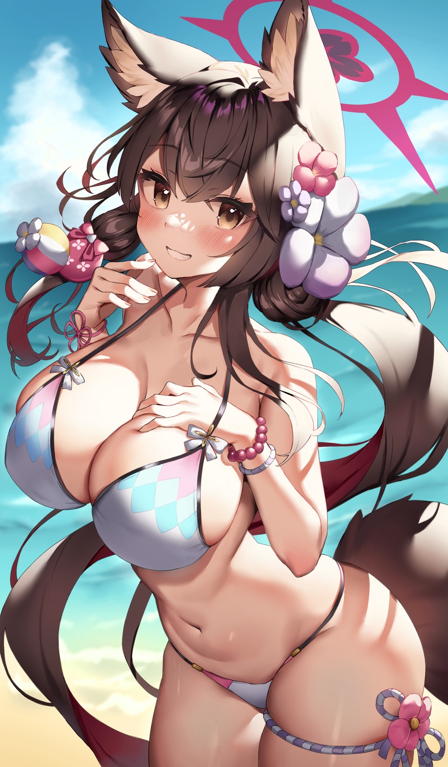 animal_ears bikini blue_archive garter halo kitsune kosaka_wakamo swimsuits tail yuk_(pakyaru)