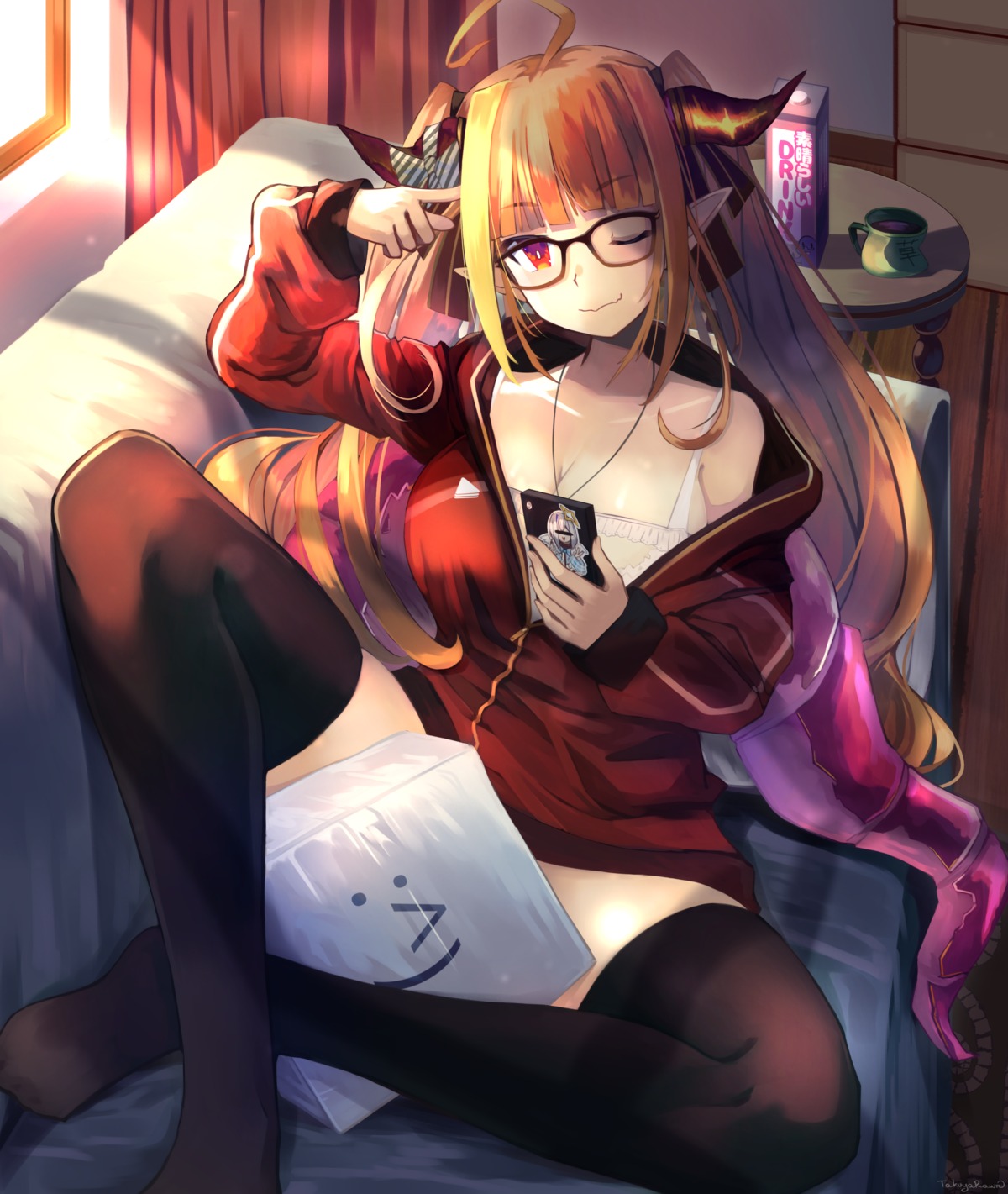 hololive horns kiryuu_coco lingerie megane pointy_ears takuyarawr thighhighs