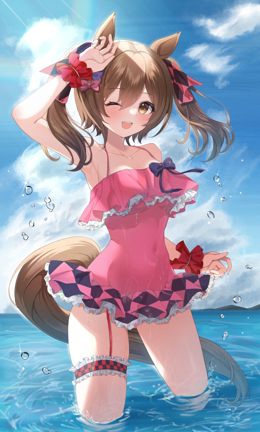 animal_ears etesumsom garter smart_falcon_(umamusume) swimsuits tail uma_musume_pretty_derby wet