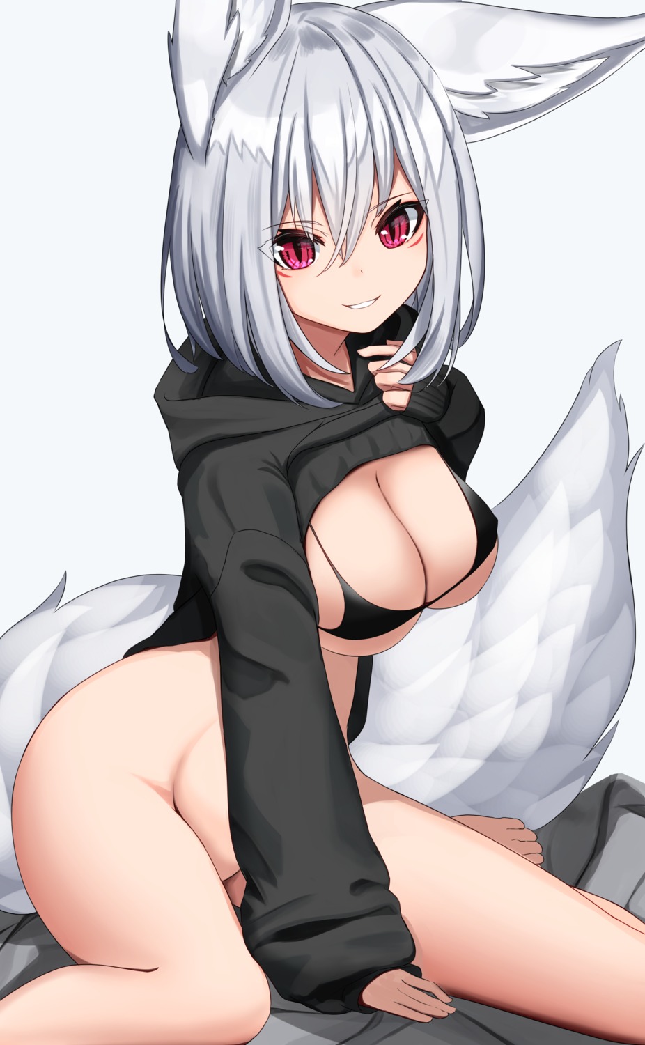 animal_ears bottomless bra erect_nipples kitsune shirt_lift tail you_san