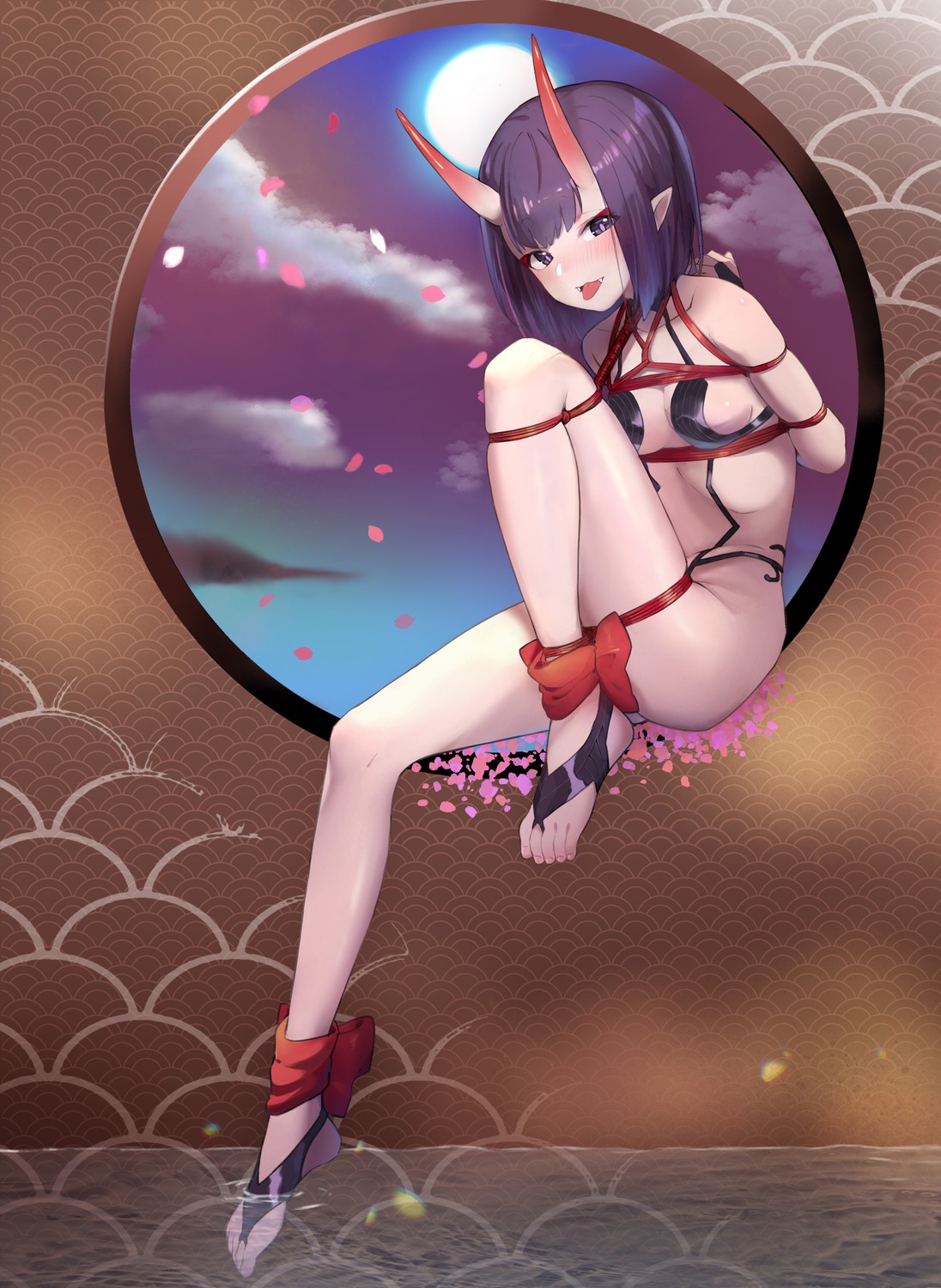 bondage fate/grand_order guangmi horns no_bra pointy_ears shuten_douji_(fate/grand_order) wet