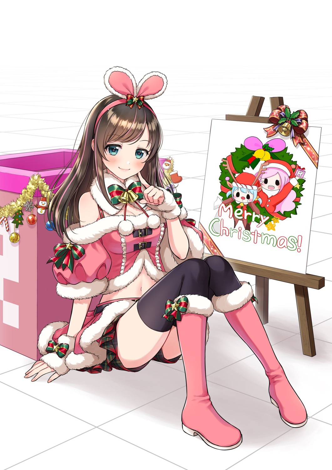 a.i._channel christmas cleavage kizuna_ai morikura_en thighhighs