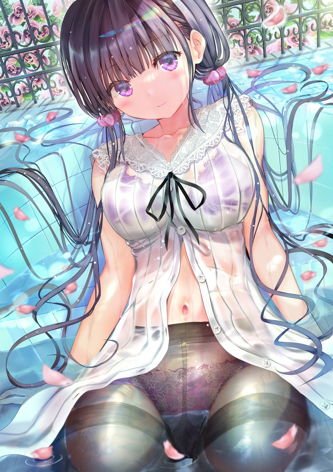 bra dress ogata_tei open_shirt pantsu pantyhose see_through wet wet_clothes