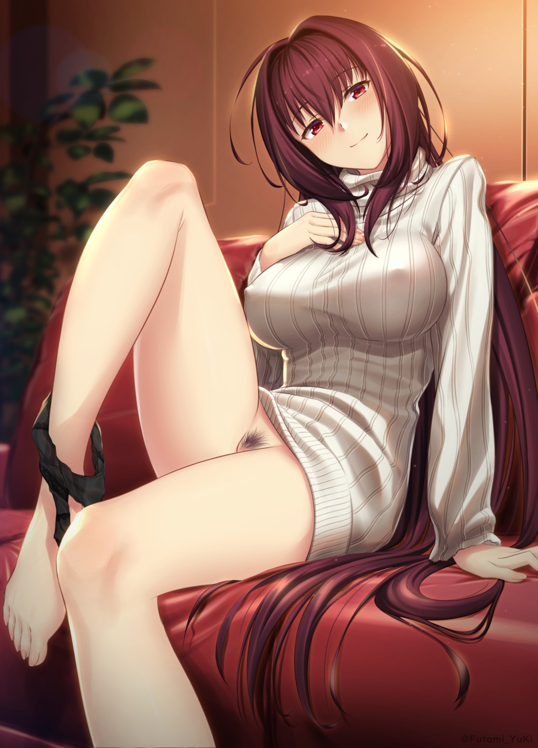 breast_hold censored erect_nipples fate/grand_order futami_(mg42fw190d) pantsu panty_pull pubic_hair pussy scathach_(fate/grand_order) sweater