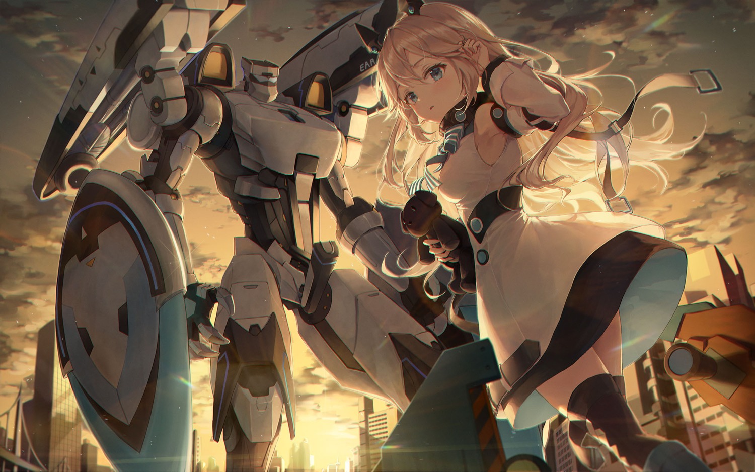 dress final_gear mecha r_o_ha skirt_lift thighhighs