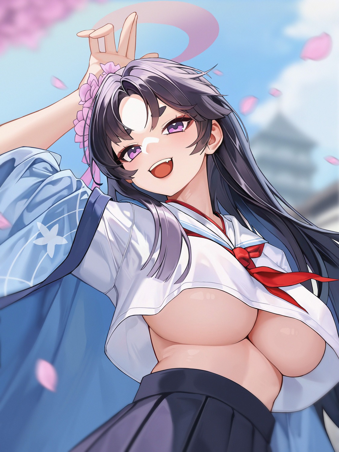 blue_archive chichishui halo japanese_clothes kadenokouji_yukari no_bra seifuku underboob