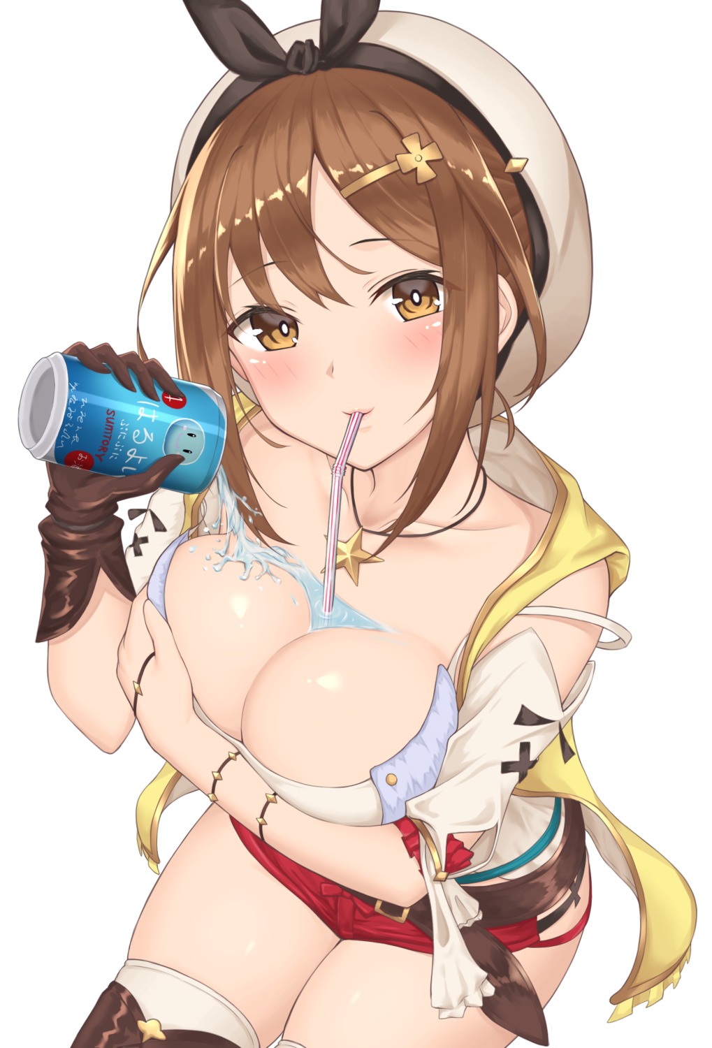 atelier atelier_ryza breast_hold cleavage nemunemu_semi no_bra open_shirt puni reisalin_stout thighhighs wet