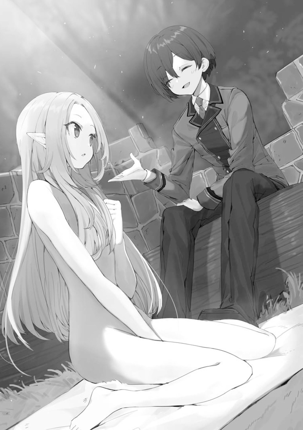 alpha_(kagejitsu) cid_kagenou elf kage_no_jitsuryokusha_ni_naritakute! monochrome naked pointy_ears touzai uniform