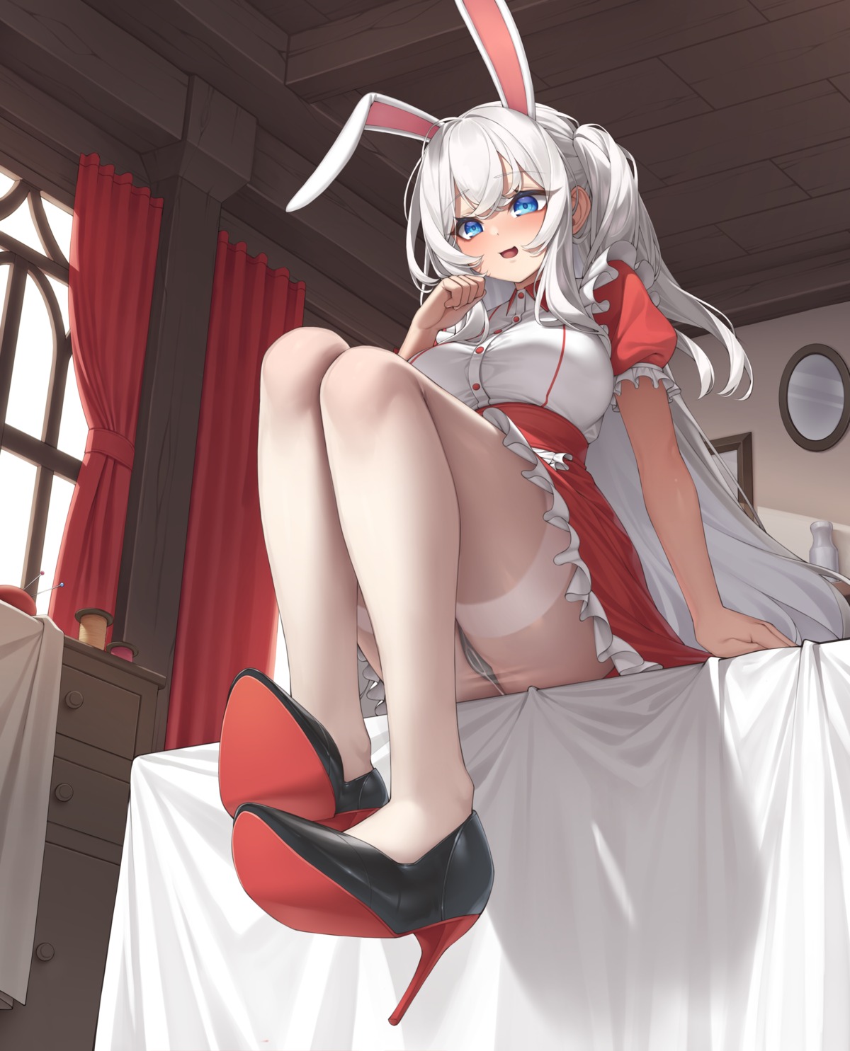 animal_ears bunny_ears cameltoe elomil heels pantsu pantyhose skirt_lift thong waitress