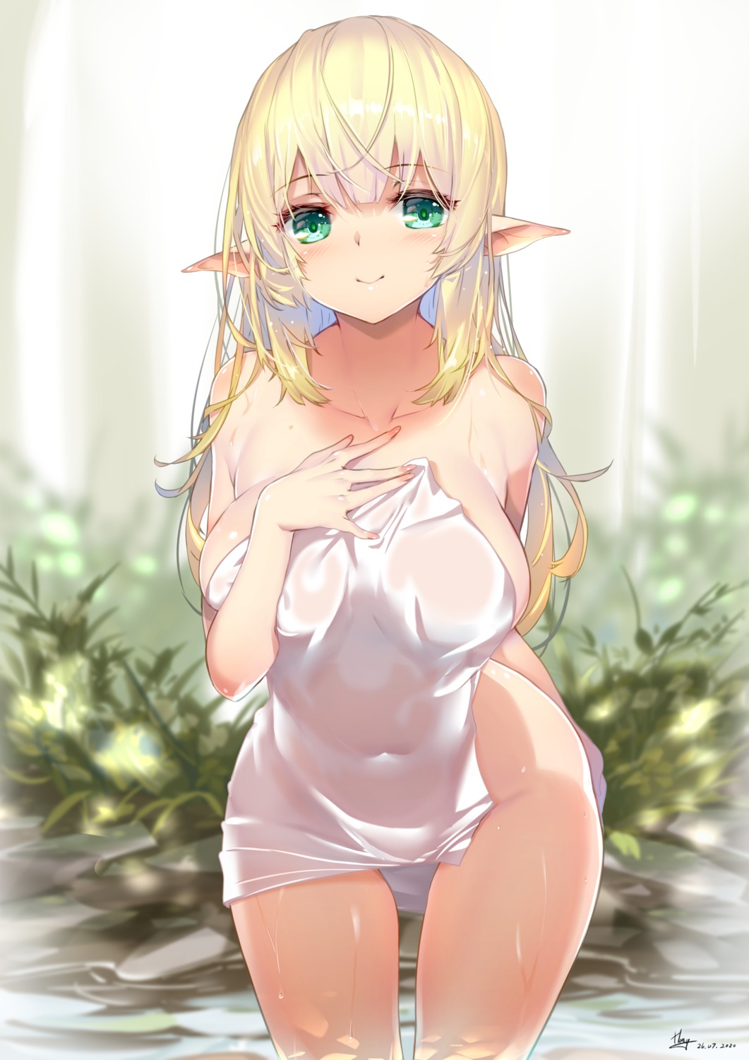 hong_(white_spider) naked pointy_ears see_through towel wet