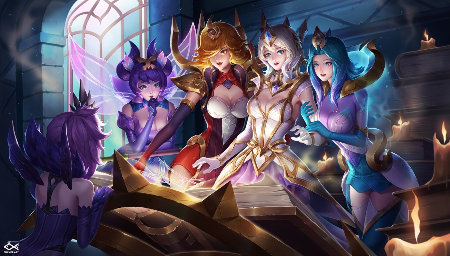 armor character_design citemer cleavage dress league_of_legends luxanna_crownguard thighhighs wings