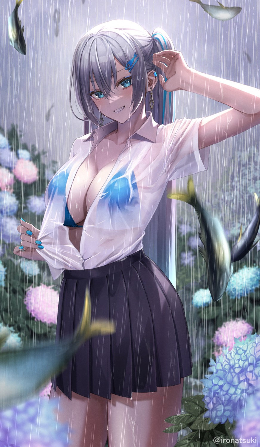 bikini_top ironatsuki open_shirt see_through seifuku swimsuits undressing wet wet_clothes