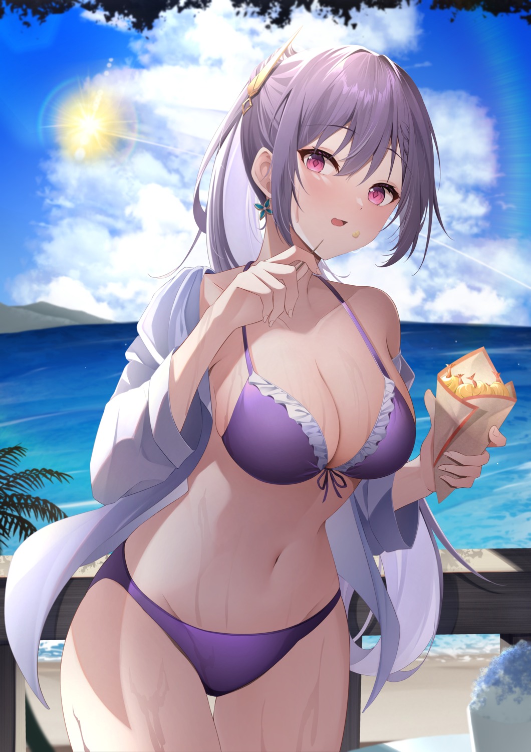 bikini ekidona genshin_impact keqing open_shirt swimsuits