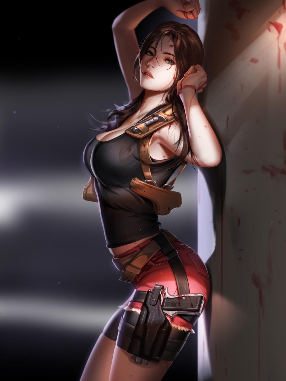 ass bike_shorts blood claire_redfield garter gun liang_xing no_bra resident_evil