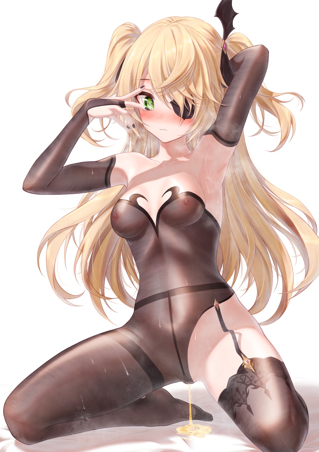 bae.c eyepatch fischl genshin_impact no_bra nopan pee see_through stockings thighhighs