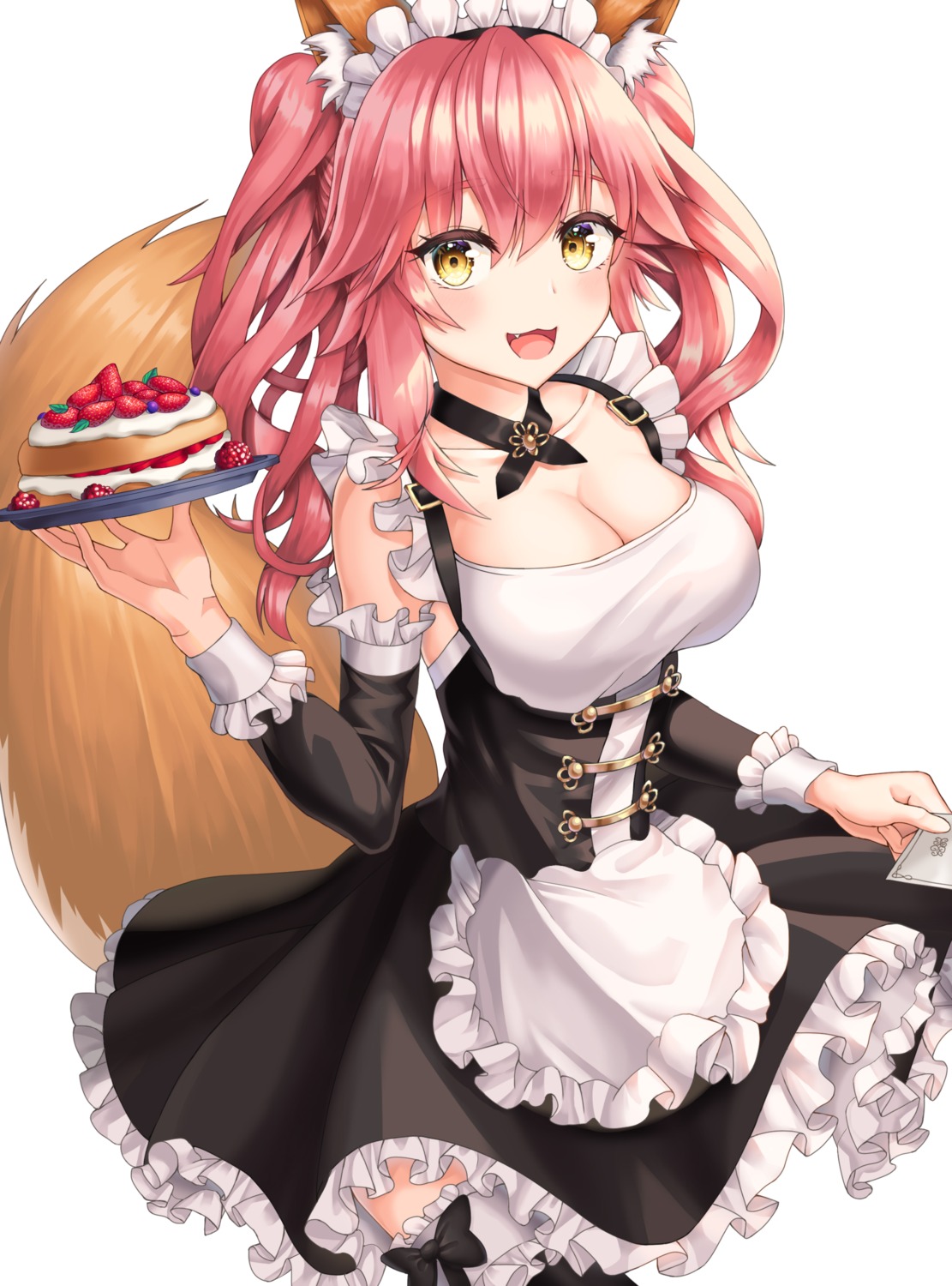 animal_ears fate/grand_order garter kitsune maid skirt_lift tail tamamo_no_mae thighhighs tsuki_no_kitsune waitress