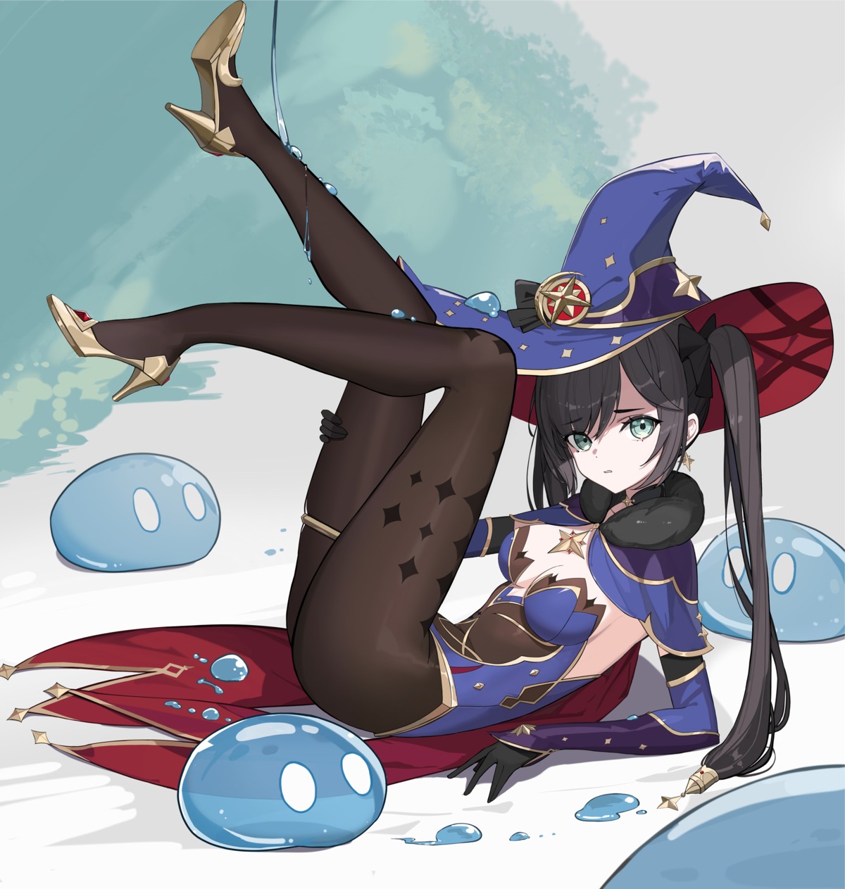 garter genshin_impact heels leotard mona_megistus no_bra pantyhose rikui_(rella2930) witch