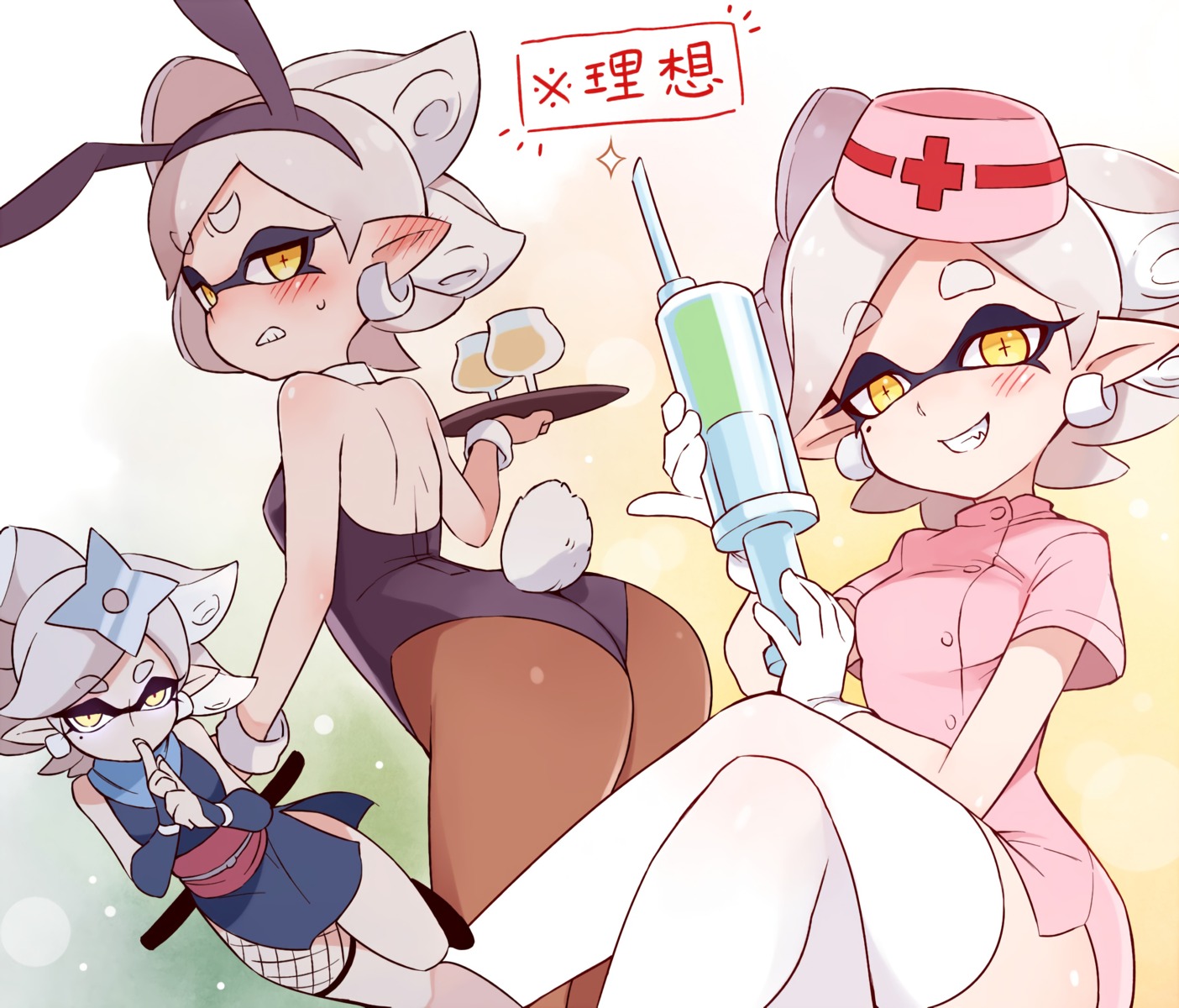 ass bunny_girl fishnets marie_(splatoon) ninja no_bra nurse pantyhose pointy_ears skirt_lift splatoon sword tail thighhighs toku_(ke7416613)