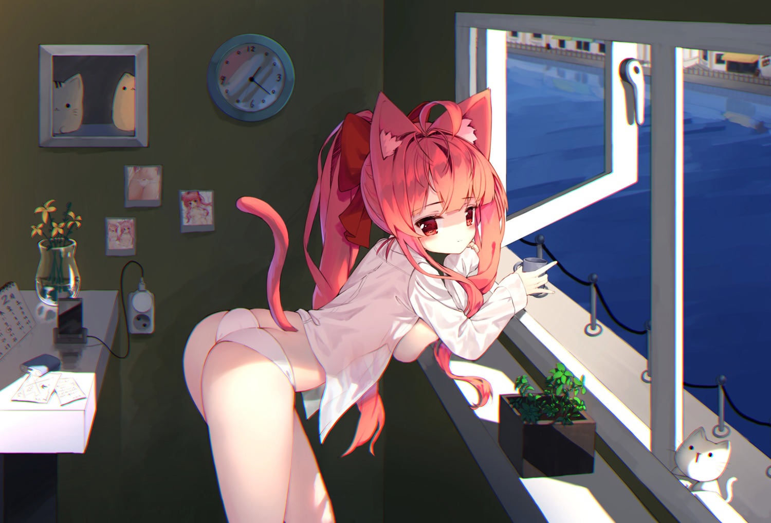 animal_ears ass breasts neko nekomimi no_bra open_shirt pantsu see_through tail tandohark thong