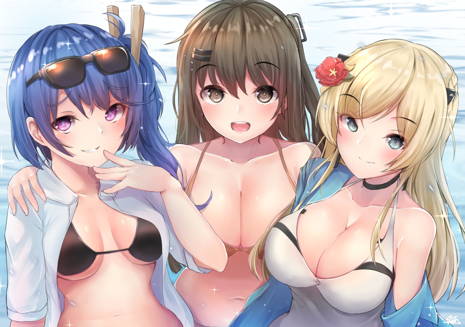 bikini bikini_top cleavage girls_frontline hiromaster_sinta_jh k-2_(girls_frontline) k11_(girls_frontline) k5_(girls_frontline) megane open_shirt swimsuits underboob