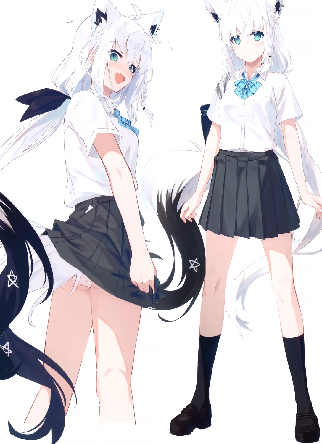 animal_ears hololive hololive_gamers kitsune nagishiro_mito seifuku shirakami_fubuki skirt_lift tail