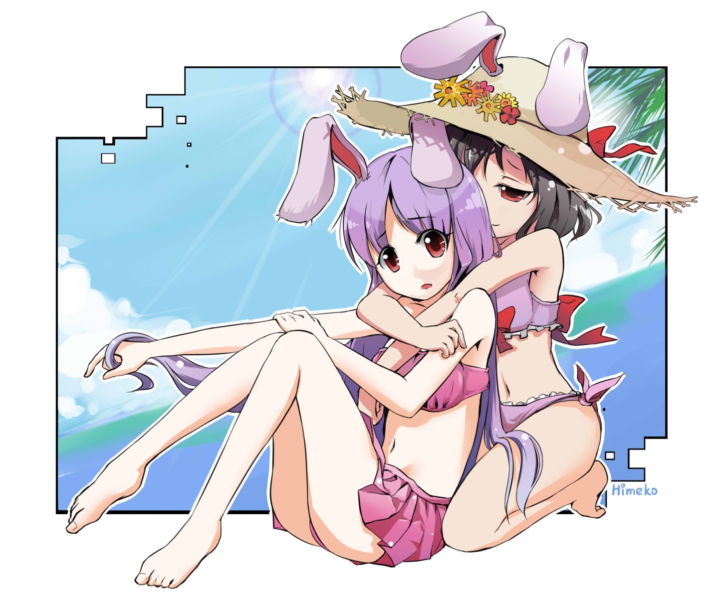 animal_ears bikini bunny_ears inaba_tewi jpeg_artifacts reisen_udongein_inaba sunyukun swimsuits touhou