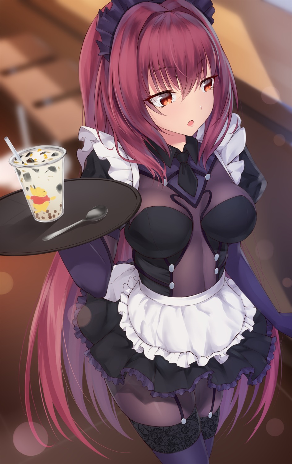 bodysuit fate/grand_order feng_mouren maid scathach_(fate/grand_order) stockings thighhighs waitress